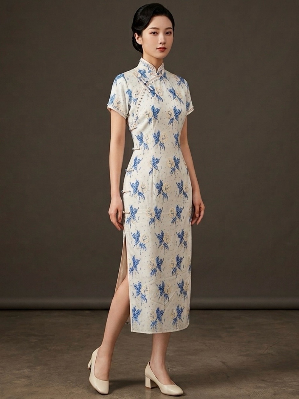 New Cheongsam Midi Dress Sz S Floral Lace Sparkly Slits Mandarin Asian